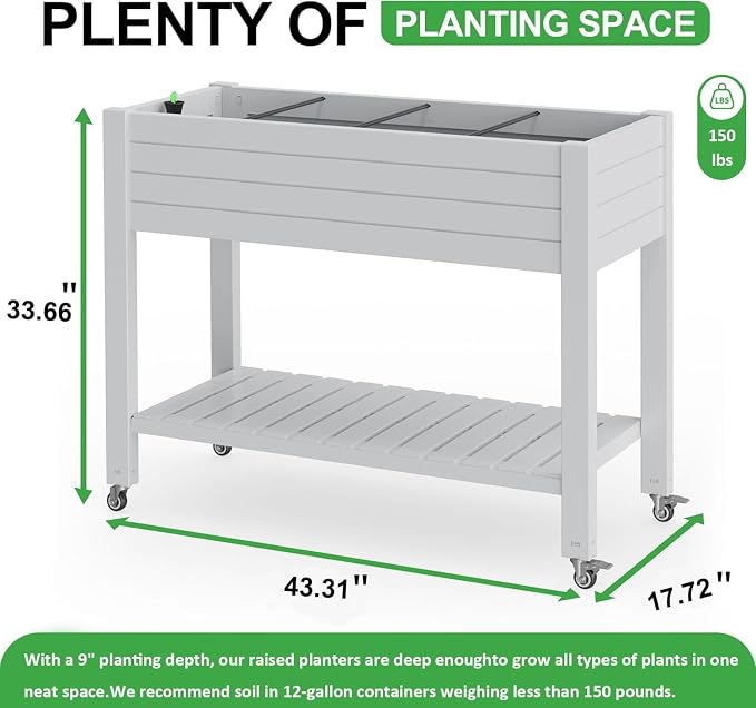 PatioZen Raised Garden Bed, 33.66" Tall Self-Watering Resin Planter Box with Legs & Lockable Wheels Drainage Plug and Gauge for Flowers, Vegetables, Storage Shelf for Tools and Accessories Ashen