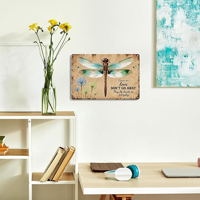 Vintage Dragonfly Memorial Garden Metal Tin Sign, Memorial Bereavement Condolence Gifts for Loss of Loved One Those We Love Don't Go Away They Fly Beside Us Every Day Wall Art for Outdoors