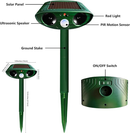 4 Pack Solar Ultrasonic Animal Repellent Outdoor, Cat Deterrent, Squirrel Repellent, Motion Activated Deer Repellent Devices for Squirrel Rabbit Skunk Raccoon Dog Cat Deer Fox Coyote Bird for Garden