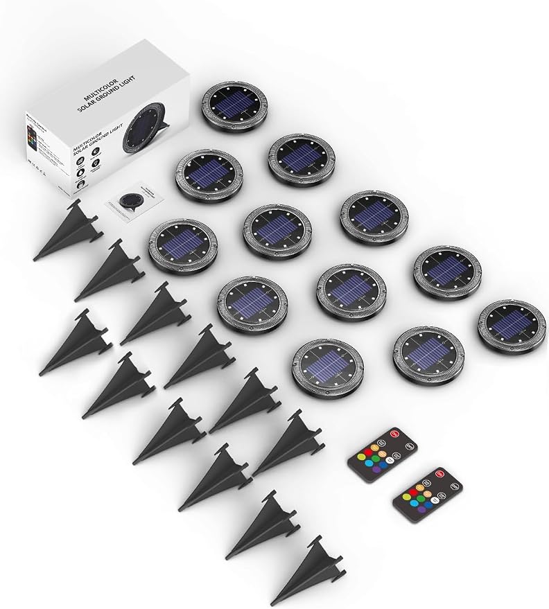 Color Changing Solar Ground Lights with Remote, IP67 Waterproof, 12Pack | 9-Color & 2 Dynamic RGB, 33ft Long Distance Remote Control, Dusk-to-dawn Light Up, Outdoor Flat Disk Light for Yard Lawn Path