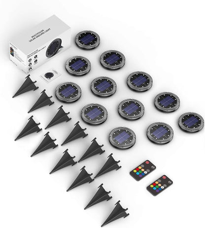 Color Changing Solar Ground Lights with Remote, IP67 Waterproof, 12Pack | 9-Color & 2 Dynamic RGB, 33ft Long Distance Remote Control, Dusk-to-dawn Light Up, Outdoor Flat Disk Light for Yard Lawn Path