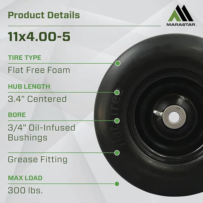 MARASTAR 00232 Universal Fit Flat-Free 11x4.00-5 Tire and Wheel Assembly, Zero Turn Lawn Mower Replacement Tires, Smooth Tread, Adapter Kit included