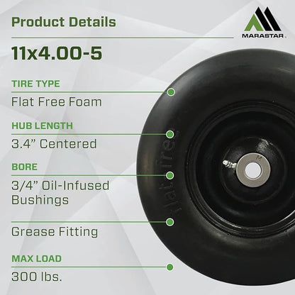 MARASTAR 00232 Universal Fit Flat-Free 11x4.00-5 Tire and Wheel Assembly, Zero Turn Lawn Mower Replacement Tires, Smooth Tread, Adapter Kit included