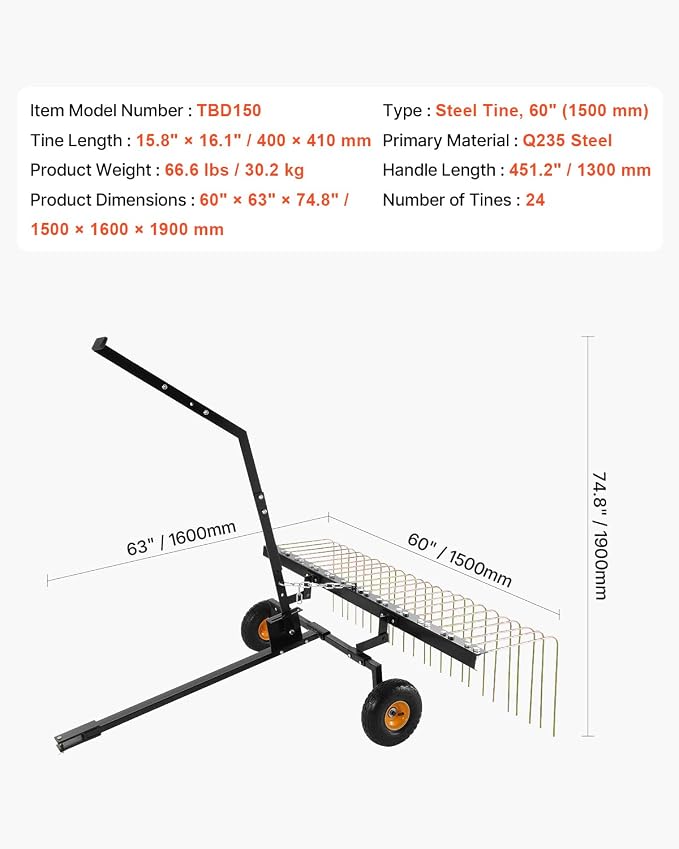 VEVOR Tow Behind Dethatcher, 60-inch Lawn Dethatcher Rake with 24 Steel Tines for ATV or Mower, Heavy Duty Q235 Steel Tow Behind Lawn Rake with Lift Handle for Farm Leaves, Pine Needles, and Grass