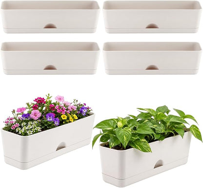 6 Pack Rectangle Planter 16x4.4 Inch Window Boxes Planters Rectangular Window Sill Planters Indoor Self Watering Plant Pots with Drainage Holes and Saucers Succulent Herb Flower Pots, Light Grey