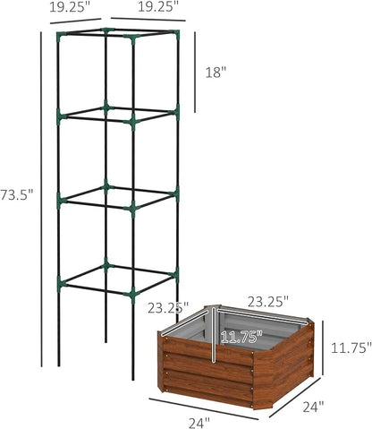 Outsunny Galvanized Raised Garden Bed, 73.5" Outdoor Planter Box with Trellis Tomato Cage and Open Bottom for Climbing Vines, Vegetables, Flowers in Backyard, Garden, Patio, Brown