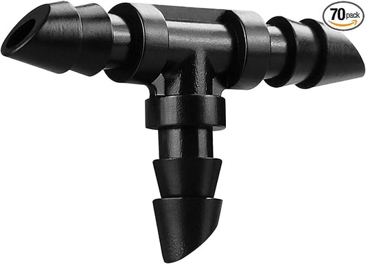 70 Pack Barbed Tee Fittings, 1/4" Drip Tubing, Black, Plastic, Irrigation Fitting, HOSE PIPE FITTING, Barb Tee, 1/4 inch