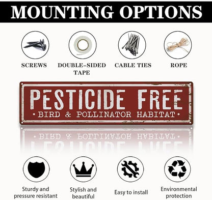 Garden Metal Tin Sign, Pesticide Free Bird & Pollinator Habitat Sign, Vintage Rustic Farmhouse Outdoor Wall Decor, for Porch Patio Yard Fence, Garden Notice Decor, 15.7 x 3.9 Inches