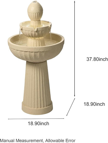 37.80” H Outdoor Water Fountain Made with Eco-Friendly Recyclable Materials, Polyethylene Cascading Waterfall Water Fountain Outdoor, Garden Decor with LED Light for Patio, Backyard (White)