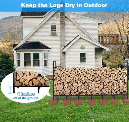 8ft Firewood Rack Holder, Adjustable Heavy Duty Fire Log Stacker Stand for Fireplace, Outdoor Indoor Metal Wood Pile Storage Organizer, Patio Logs Stand tool, Black