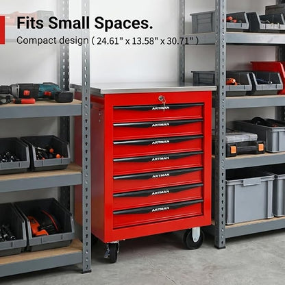 7-Drawer Rolling Tool Chest, Lockable Stainless Worktop for Garage, Red | Heavy Duty Metal Tool Cabinet with Drawers on Wheels for Warehouse and Workshop Storage