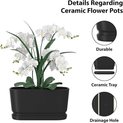 13" Rectangular Ceramic Planter with Drainage and Saucer, Black | Indoor Outdoor Use, 13"L x 5.5"W x 6.3"H, Modern Home Decor, Window Box Planter, Matte Black