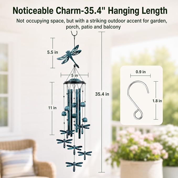 Dragonfly Wind Chimes for Outdoors, 35.4-Inch Aluminum Outdoor Wind Chimes - Dragonfly S Hook, Wind Bells Hanging Decorate for Patio, Porch, Yard, Balcony, Decorative Gift for Women, Mom