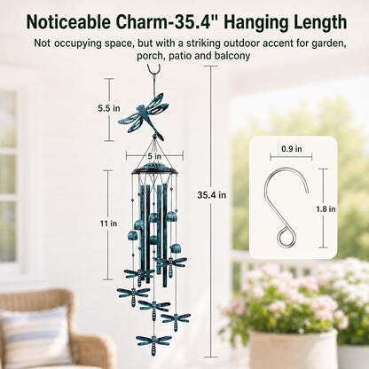 Dragonfly Wind Chimes for Outdoors, 35.4-Inch Aluminum Outdoor Wind Chimes - Dragonfly S Hook, Wind Bells Hanging Decorate for Patio, Porch, Yard, Balcony, Decorative Gift for Women, Mom