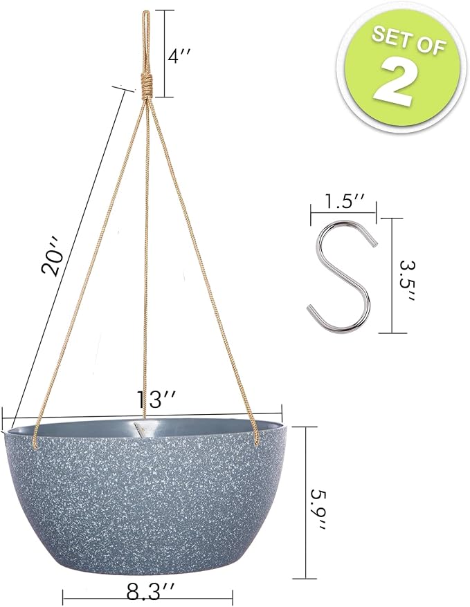 SwinDuck 13 Inch 2 Pack Large Hanging Planters for Indoor Outdoor Plants, Plastic Hanging Basket Pots for House Plants Flowers, Grey