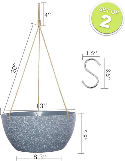 SwinDuck 13 Inch 2 Pack Large Hanging Planters for Indoor Outdoor Plants, Plastic Hanging Basket Pots for House Plants Flowers, Grey