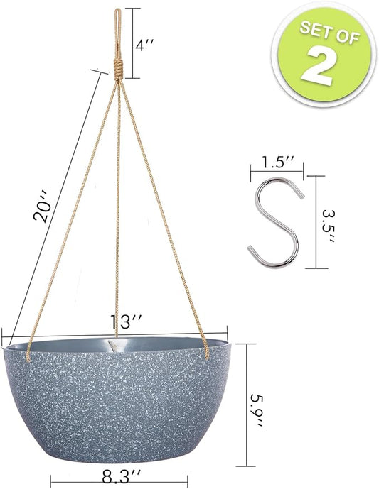 SwinDuck 13 Inch 2 Pack Large Hanging Planters for Indoor Outdoor Plants, Plastic Hanging Basket Pots for House Plants Flowers, Grey