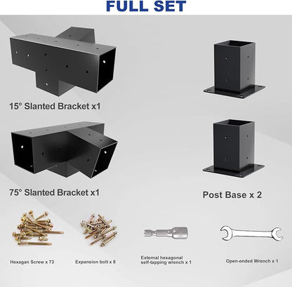 Pergola Kit, Slanted Roof Pergola Bracket, 4-Way Brackets with Post Base Kit, Log Cabin Outdoor 4"x 4" (Actual 3.5" X 3.5") Lumber