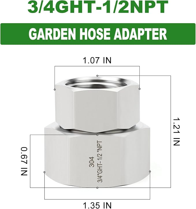 TAISHER 2PCS 304 Stainless Steel Garden Hose Adapter, 3/4" GHT Female x 1/2" NPT Female Swivel Garden Hose Connector with Washers
