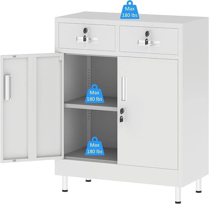 JINGUR Metal Storage Cabinet with Locking Doors and 2 Drawers, Lockable Storage Cabinet with Adjustable Shelf for Home Office Garage Entryway Pantry (White)