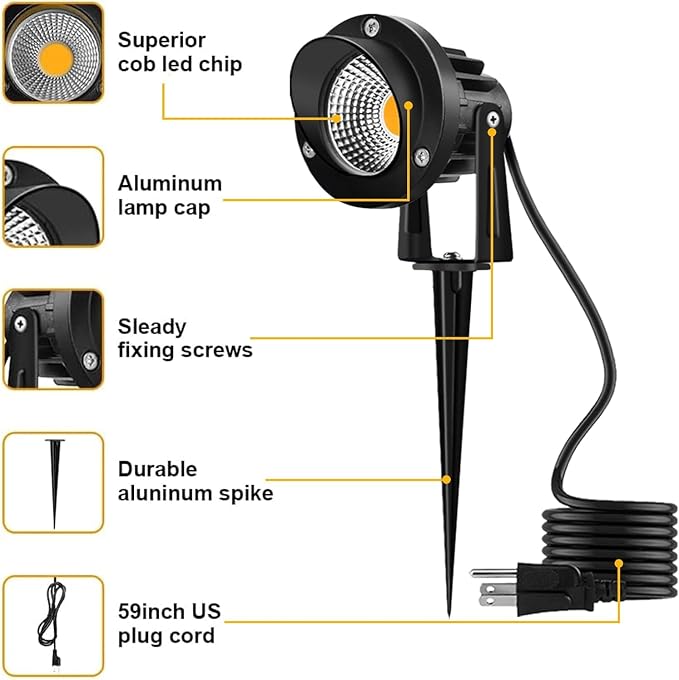 Romwish LED Landscape Spotlight 10W, Outdoor Landscape Lighting 120V Plug-in, 1100LM Waterproof LED Landscape Lights, Landscape Spot Lights for Yard, Garden, Tree, Driveway, 3000K Warm White-4 Pack