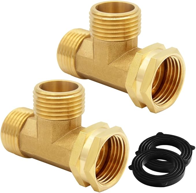 Uenede 2PCS Brass 3/4 Inch GHT Swivel Tee Pipe Fitting 3/4" GHT Male x Male x Female for Garden Hose Threaded Tube Pipe Fittings