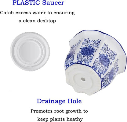 HakkaGirl Ceramic Pots for Plants, Chinoiserie Décor Ceramic Flower Pots Planters for Indoor Plants with Drainage, Blue and White, Set of 3