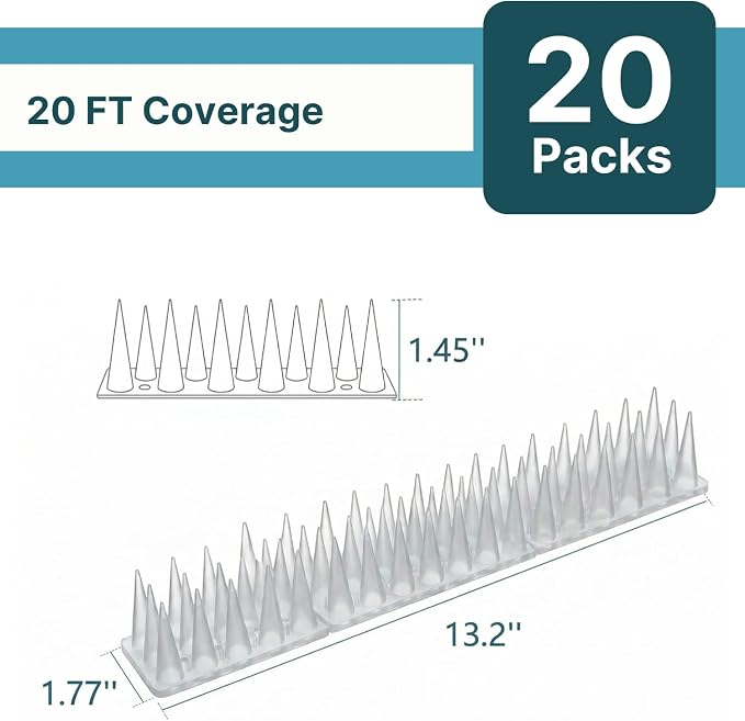 Bird & Animal Deterrent Spikes, 20 Packs Outdoor Plastic Spike Strips for Roof, Ledges, Fence, Walls & Railing, Humane Squirrel, Raccoon & Pigeon Barrier, 20 FT Coverage, White
