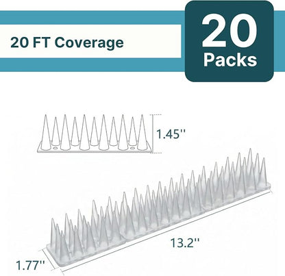 Bird & Animal Deterrent Spikes, 20 Packs Outdoor Plastic Spike Strips for Roof, Ledges, Fence, Walls & Railing, Humane Squirrel, Raccoon & Pigeon Barrier, 20 FT Coverage, White