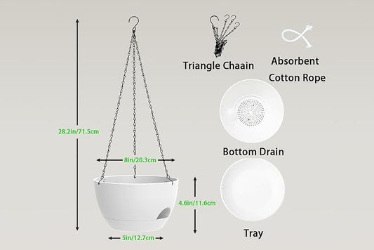 Hanging Planters 3-Pack, 8 Inch Self-Watering Hanging Pots with Drainage Hole and Chains, Plastic Planters for Indoor Outdoor（White）