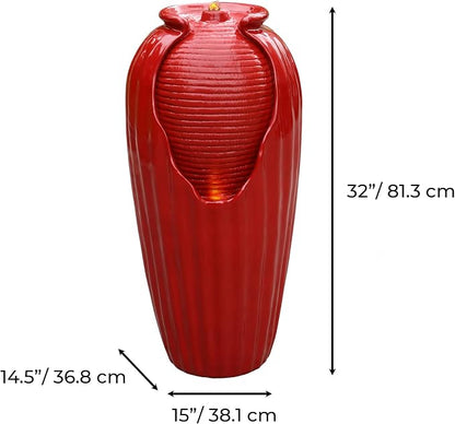 Teamson Home Glazed Vase Floor Freestanding Water Fountain with LED Lights and Pump for Outdoor Patio Backyard Deck Plant Garden Décor, 32 Inch Height, Red | Freestanding Floor Feature, Built-In LED Light, Glossy Red, Outdoor Décor