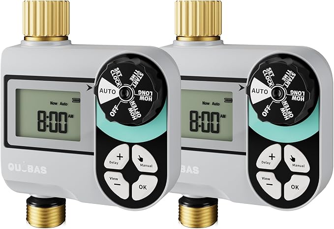 QUOBAS Brass Sprinkler Timer 2 Pack, Programmable Water Hose Timer for Garden Hose Faucet with Waterproof HD Screen, Rain Delay/Manual/Automatic Irrigation Watering System for Garden, Lawn, Yard
