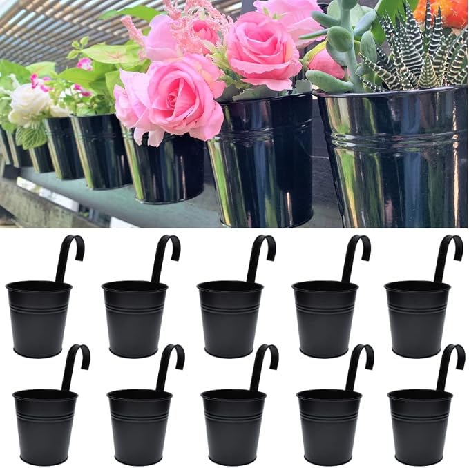LaLaGreen Railing Planter 10 Pack, 6 Inch Hanging Flower Pot Black, Outdoor Large Metal Iron Fence Bucket, Balcony Garden Wall Deck Porch Patio Rail Decor Hanger Hook Farmhouse Balcony 6'''' (15cm) | Balcony railing planters for apartment, patio, porch...