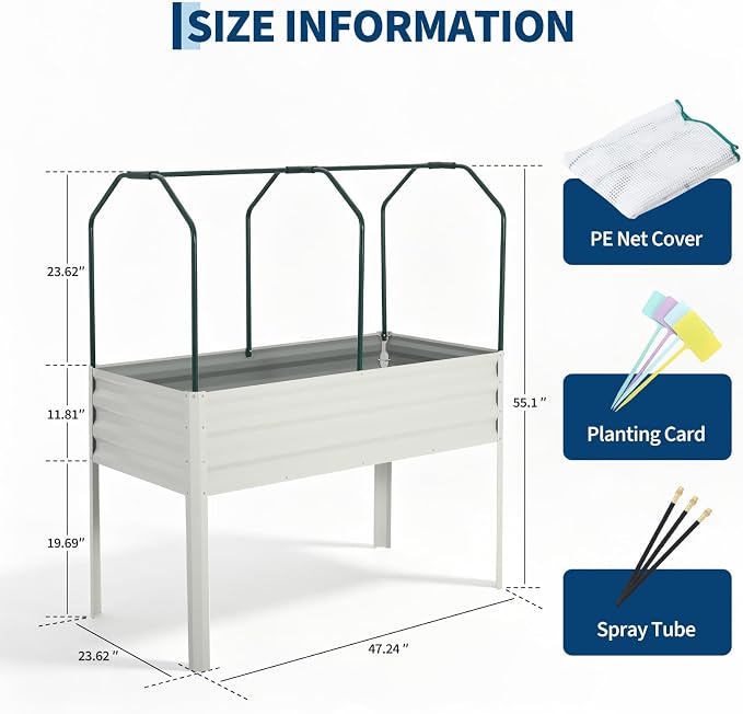 48×24×55in Large Metal Raised Garden Bed with Legs and Cover, Galvanized Oval Raised Bed Planter with Leg for Vegetables and Flowers, Build-in Spray Tube Effortless Watering | Elevated metal planter with built-in 3-spray nozzle watering system, drain t...
