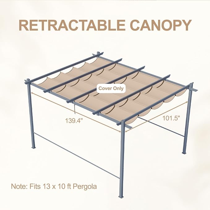 Aoodor Replacement Adjustable Canopy, Retractable Shade for Pergola, UV Resistant and Fade-Resistant, Fits 10 x 13 ft, Brown