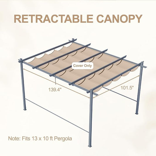 Aoodor Replacement Adjustable Canopy, Retractable Shade for Pergola, UV Resistant and Fade-Resistant, Fits 10 x 13 ft, Brown