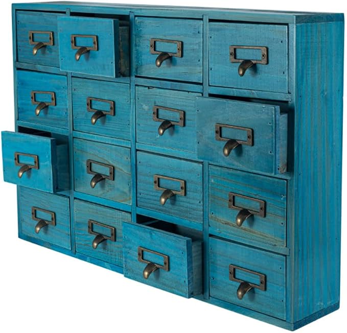 Apothecary Drawers Apothecary Cabinet with Drawers, Blue | 16 Drawer Library Card Catalog, Wooden Storage Box, Wooden Desktop Organizer with Metal Handles-Fulled Assembled