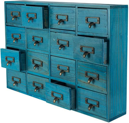 Apothecary Drawers Apothecary Cabinet with Drawers, Blue | 16 Drawer Library Card Catalog, Wooden Storage Box, Wooden Desktop Organizer with Metal Handles-Fulled Assembled
