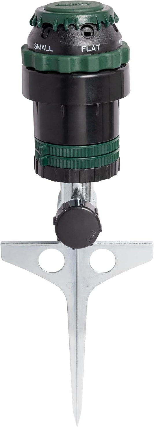 Orbit H2O-Six Gear-Drive Sprinkler on Metal T-Spike - Customizable Lawn Watering Coverage - Multi-Pattern Rotating Head with Adjustable Spray Range - Durable Outdoor Yard Irrigation Sprinkler - 58573