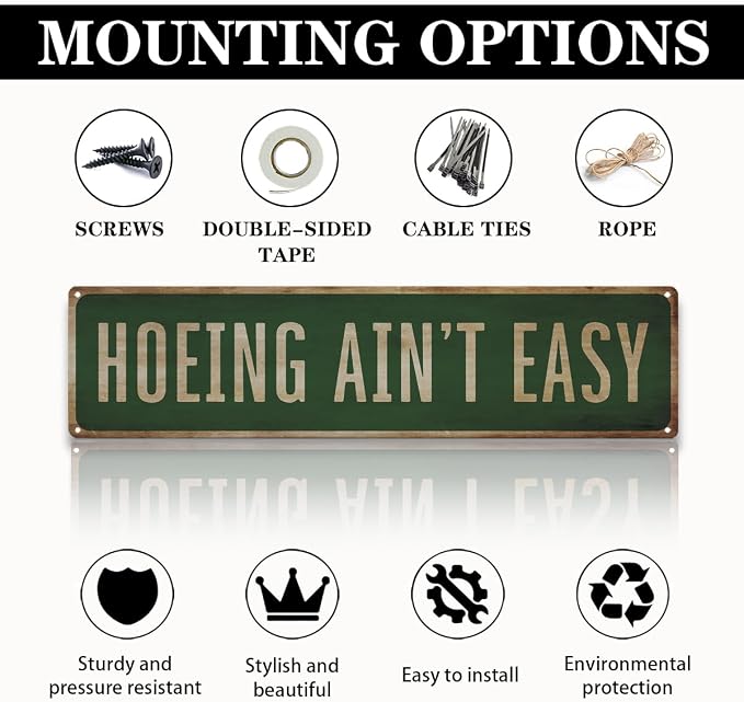 Funny Garden Metal Tin Sign, Hoeing Ain't Easy Sign, Vintage Farmhouse Outdoor Wall Decor, for Porch Yard Patio, Ideal for Garden Lovers, 15.7 x 3.9 Inches
