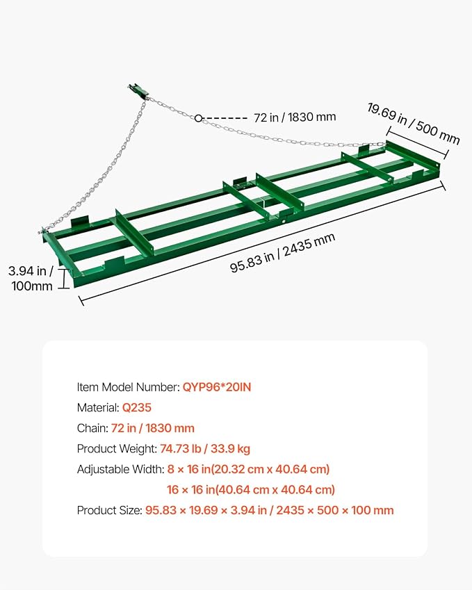 VEVOR Drag Harrow, 8 ft Heavy Duty Tow Behind Drag Harrow with Adjustable Bars & 72 in Chain, Driveway Grader Landscape Rake for ATV, UTV, Tractor, Mower Tow Behind Yard Lawn Leveling Tool