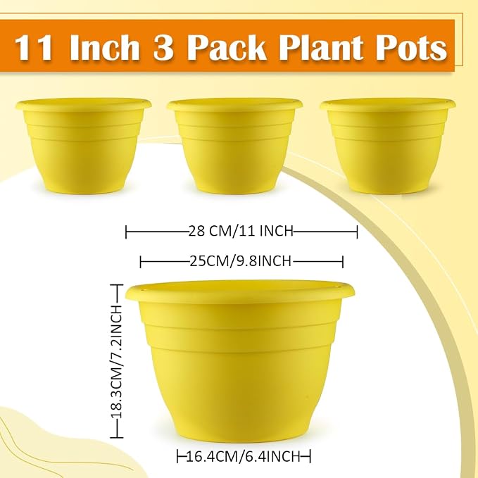 RooTrimmer 3 Pack 11 Inch Plant Pots for Indoor Outdoor,Plastic Floor Planters with Drainage Holes,Lightweight Flower Pots for Home,Patio & Garden(Yellow)