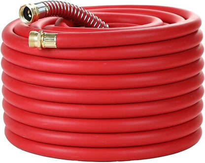Guitrees 90FT 5/8 Heavy Duty Rubber Garden Hose - 300psi Working, 1000psi Burst - Hot/Cold Water - Five-Layered Braiding for Durability - Versatile for Gardening, Agriculture, Construction(Red)