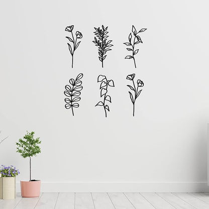 Moxweyeni 6 Pieces Metal Wall Art Minimalist Line Decor Flower Black Botanical Leaf Metal Art Modern Natural Floral Line Wall Decorations for Bedroom Living Room Bathroom Kitchen Outdoor