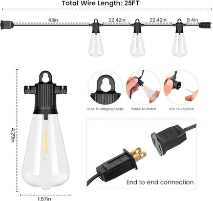 Zuske 25ft Outdoor String Lights, LED Patio Hanging With 12 Shatterproof Bulbs, Waterproof ETL Listed Bistro for Backyard Garden Cafe