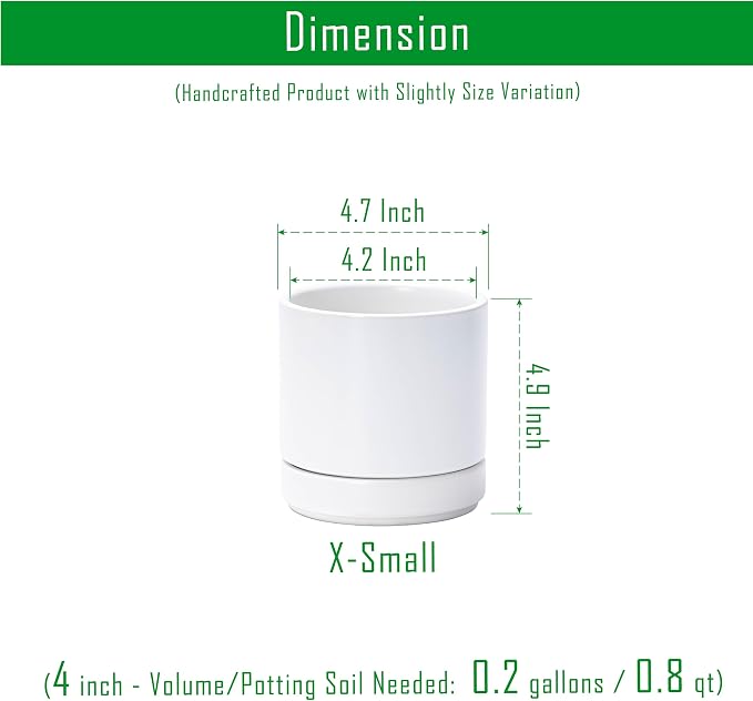 D'vine Dev 4.7 Inch Ceramic Planter Pot, White, 94-O-B-1 | Modern Cylinder Design, Drainage Hole & Saucer Included, Stable Structure, Elegant Home Accent