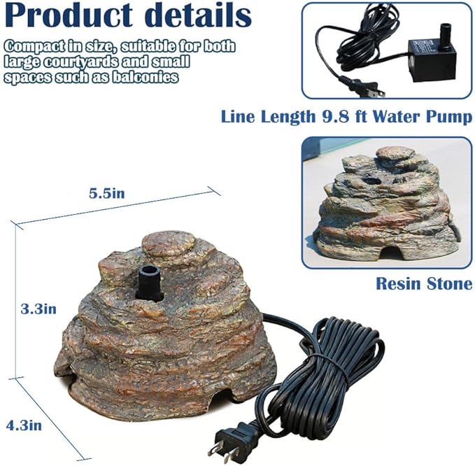Bird Bath Fountain, Resin Granite with 9.8ft Long Wired Pump for Outdoor Garden Patio Decor, Rock Water Feature Fountain for Hummingbird Birdbath Aquariums and Fish Tank (Brown)