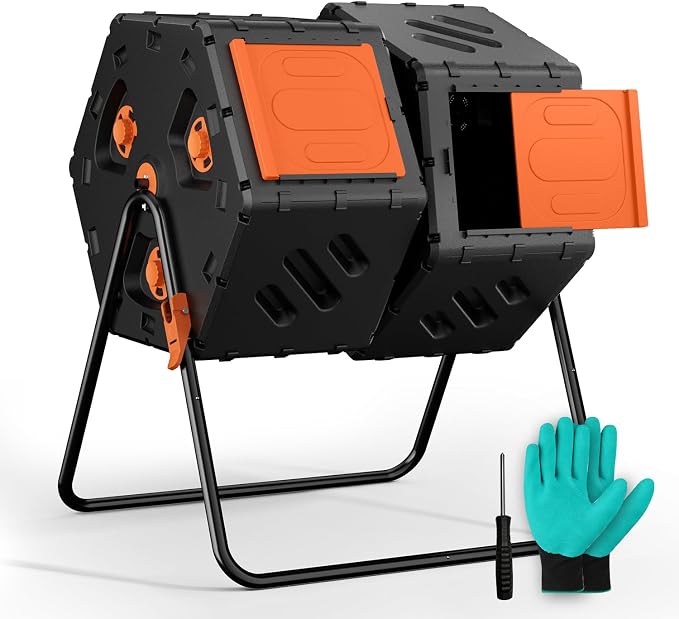 Update Compost Bin Outdoor 45 Gallon, Dual Separate Chamber 360°Rotating Composter, Garden Compost Bin for Fast Composting, Easy Assemble Compost Tumbler for Outside, Backyard, and Yard