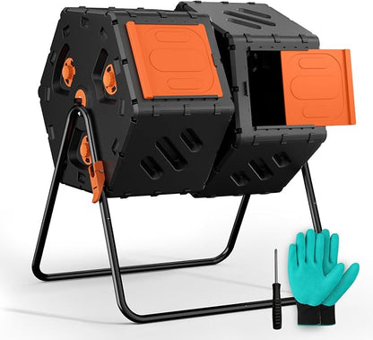 Update Compost Bin Outdoor 45 Gallon, Dual Separate Chamber 360°Rotating Composter, Garden Compost Bin for Fast Composting, Easy Assemble Compost Tumbler for Outside, Backyard, and Yard