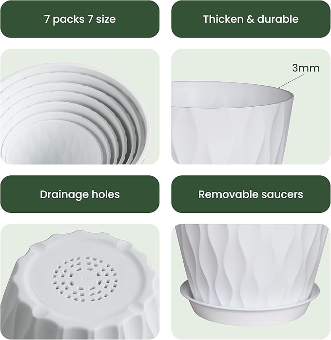 Plant Pots, Plastic Flower Pots for Indoor & Outdoor Plants, Planters with Drainage Holes and Saucer, Garden Pot for Plants (White 7/6.5/6/5.5/5/4.5/4 inch)